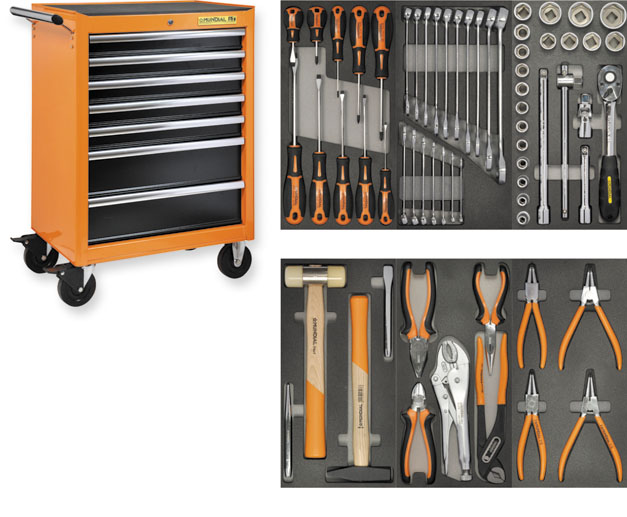 Mundial Tool trolley with 64-tools, 7 drawers and rubber top