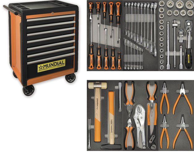 Mundial Tool trolley filled with 64 tools with 7 drawers, ABS plastic top and bumpers