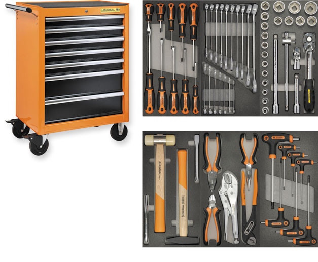 Mundial Tool trolley with 67-tools, 7 drawers and rubber top