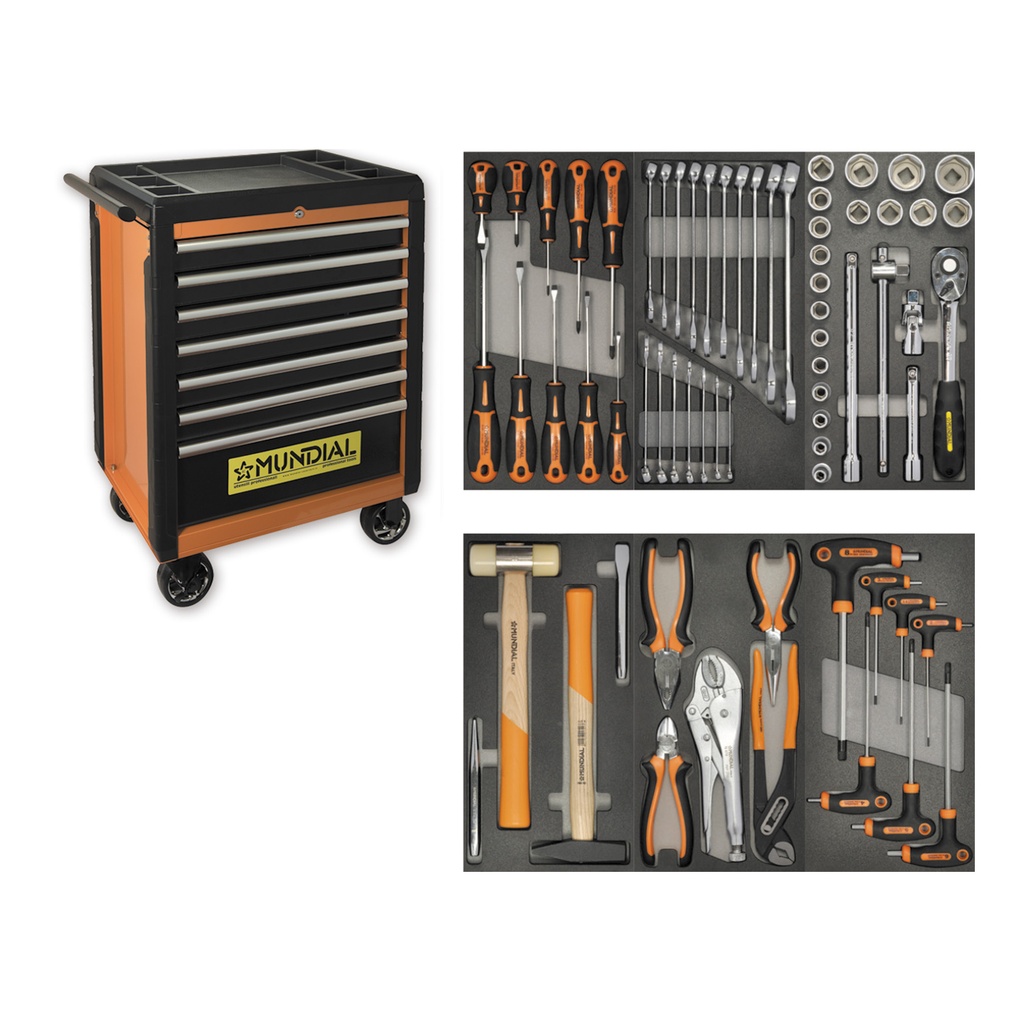 Mundial Filled pro-tool trolley with 67 tools with 7 drawers, ABS plastic top and bumpers