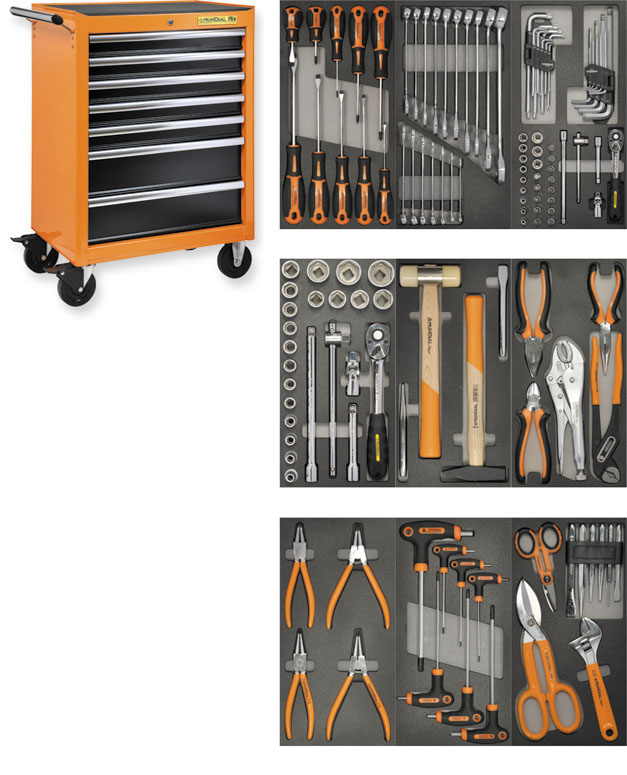 Mundial Filled tool trolley with 128-tools 7 drawers and rubber top