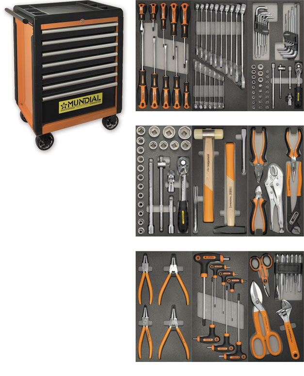 Mundial Filled pro tool trolley with 128-tools with 7 drawers, ABS plastic top and bumpers