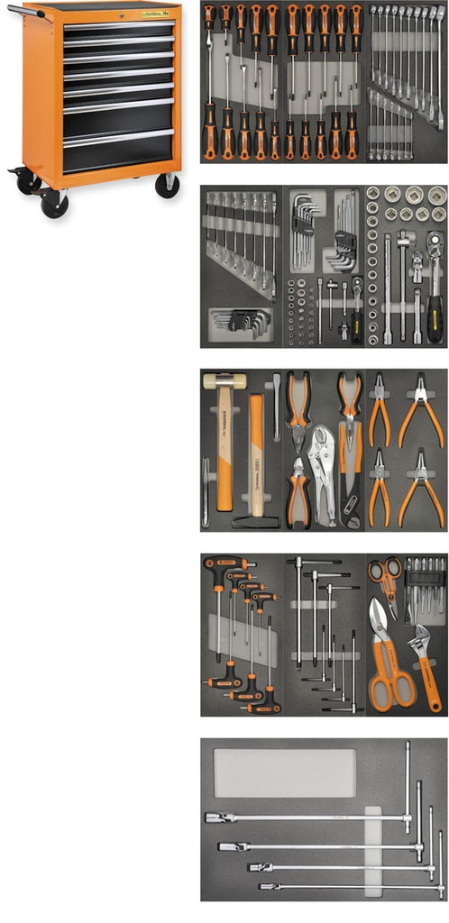 Mundial Filled tool trolley with 166-tools, 7 drawers and rubber top