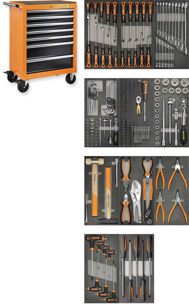 Mundial Tool trolley with 216 tools, 7 drawers and rubber top