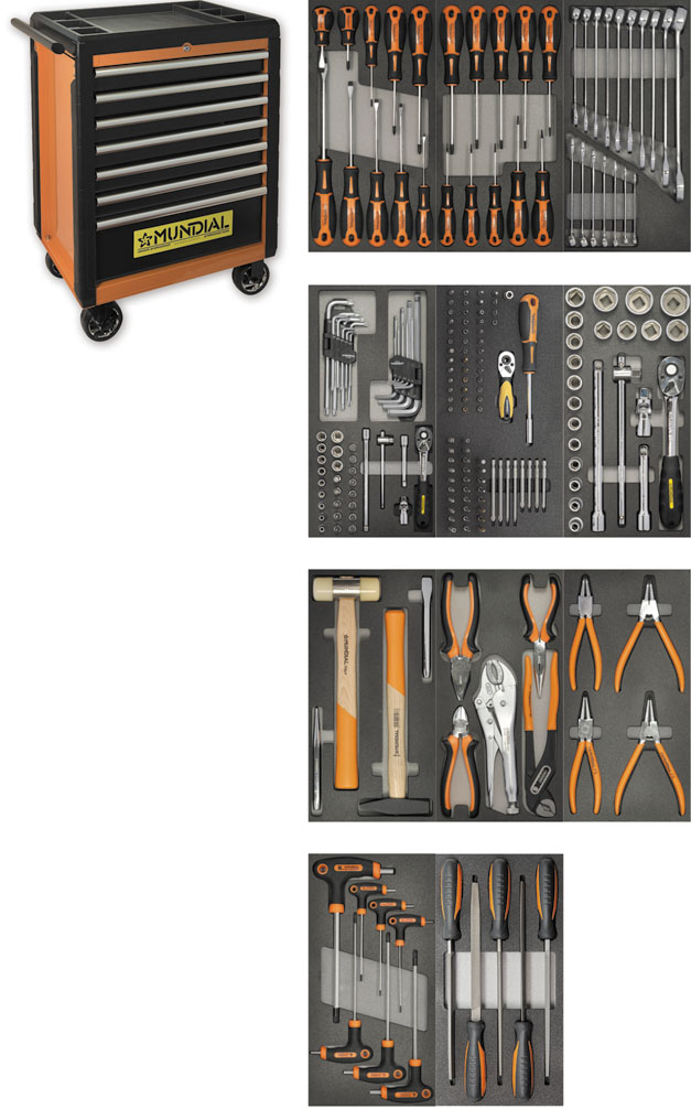 Mundial Complete pro tool trolley with 216 tools with 7 drawers, ABS plastic top and bumpers