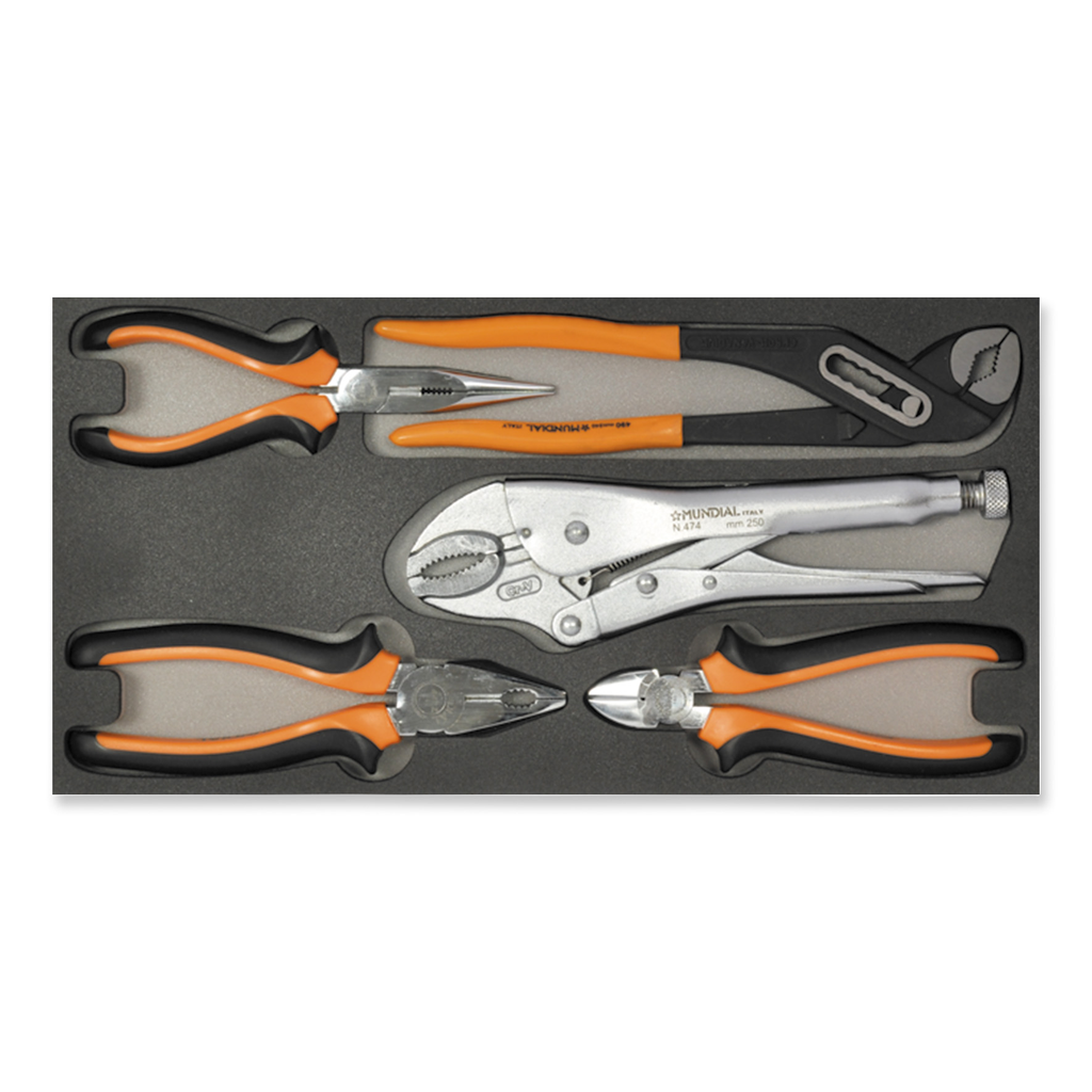 Mundial Module 5-piece Pliers Set - Combination Pliers, Side Cutters, Water Pump Pliers, Grip Pliers and Telephoto Pliers