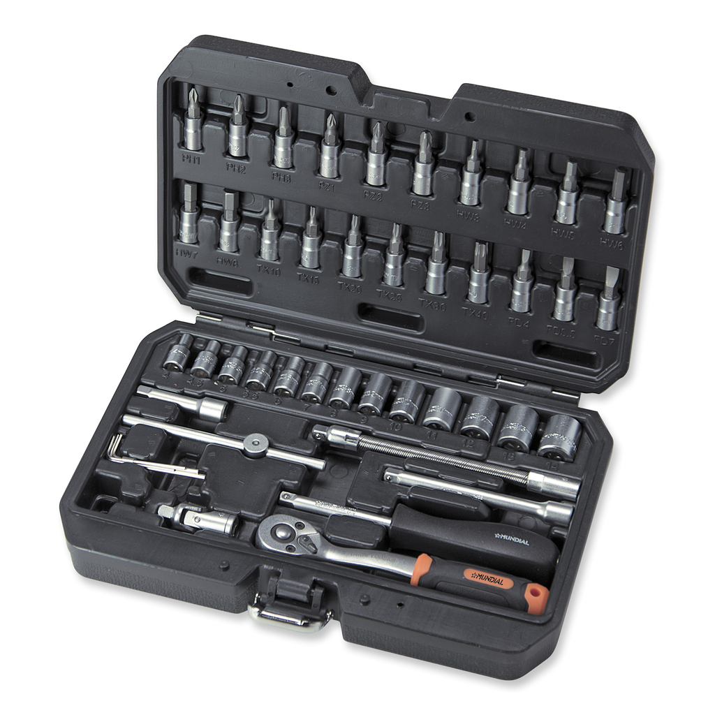 Mundial 46-piece socket set and accessories in case - 1/4″ 4 to 14 mm