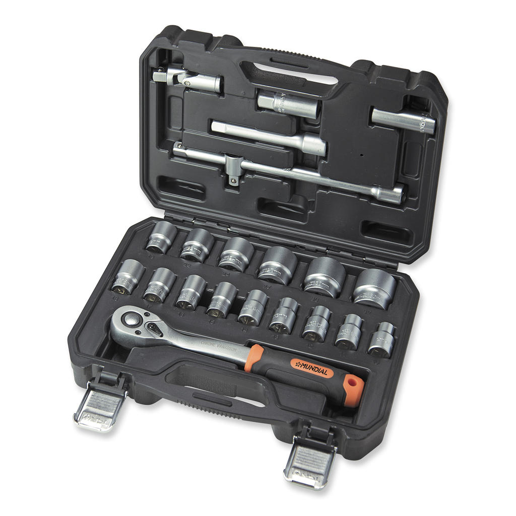 Mundial 22-piece socket set and accessories in case - 1/2″ - 10 mm to 32 mm