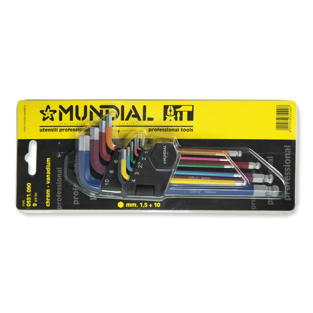 Mundial Set of 9 Extra Long Allen Wrenches with Ball Head