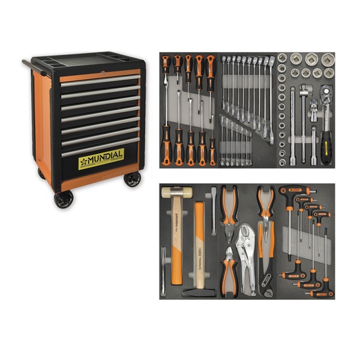 [1812-067] Mundial Filled pro-tool trolley with 67 tools with 7 drawers, ABS plastic top and bumpers