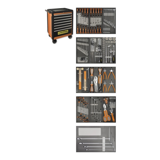 [1812-166] Mundial Gevulde pro-gereedschapswagen met 166-gereedschappen met 7 laden, ABS kunstof bovenblad en bumpers