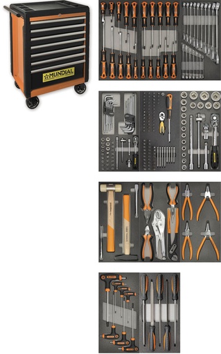 [1812-216] Mundial Complete pro tool trolley with 216 tools with 7 drawers, ABS plastic top and bumpers